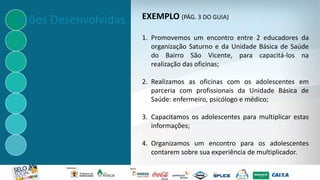 Ações Desenvolvidas EXEMPLO (PÁG. 3 DO GUIA)
1. Promovemos um encontro entre 2 educadores da
organização Saturno e da Unidade Básica de Saúde
do Bairro São Vicente, para capacitá-los na
realização das oficinas;
2. Realizamos as oficinas com os adolescentes em
parceria com profissionais da Unidade Básica de
Saúde: enfermeiro, psicólogo e médico;
3. Capacitamos os adolescentes para multiplicar estas
informações;
4. Organizamos um encontro para os adolescentes
contarem sobre sua experiência de multiplicador.
 
