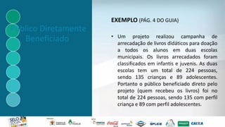 Público Diretamente
Beneficiado
EXEMPLO (PÁG. 4 DO GUIA)
• Um projeto realizou campanha de
arrecadação de livros didáticos para doação
a todos os alunos em duas escolas
municipais. Os livros arrecadados foram
classificados em infantis e juvenis. As duas
escolas tem um total de 224 pessoas,
sendo 135 crianças e 89 adolescentes.
Portanto o público beneficiado direto pelo
projeto (quem recebeu os livros) foi no
total de 224 pessoas, sendo 135 com perfil
criança e 89 com perfil adolescentes.
 