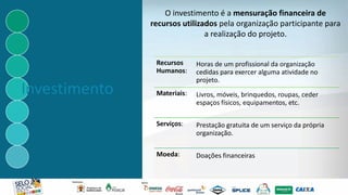 Investimento
O investimento é a mensuração financeira de
recursos utilizados pela organização participante para
a realização do projeto.
Recursos
Humanos:
Horas de um profissional da organização
cedidas para exercer alguma atividade no
projeto.
Materiais: Livros, móveis, brinquedos, roupas, ceder
espaços físicos, equipamentos, etc.
Serviços: Prestação gratuita de um serviço da própria
organização.
Moeda: Doações financeiras
 