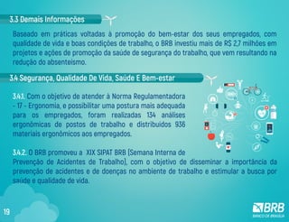 Baseado em práticas voltadas à promoção do bem-estar dos seus empregados, com
qualidade de vida e boas condições de trabalho, o BRB investiu mais de R$ 2,7 milhões em
projetos e ações de promoção da saúde de segurança do trabalho, que vem resultando na
redução do absenteísmo.
3.4.1. Com o objetivo de atender à Norma Regulamentadora
- 17 - Ergonomia, e possibilitar uma postura mais adequada
para os empregados, foram realizadas 134 análises
ergonômicas de postos de trabalho e distribuídos 936
materiais ergonômicos aos empregados.
3.4.2. O BRB promoveu a XIX SIPAT BRB (Semana Interna de
Prevenção de Acidentes de Trabalho), com o objetivo de disseminar a importância da
prevenção de acidentes e de doenças no ambiente de trabalho e estimular a busca por
saúde e qualidade de vida.
3.3 Demais Informações
3.4 Segurança, Qualidade De Vida, Saúde E Bem-estar
19
 