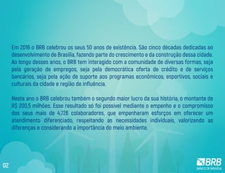 Em 2016 o BRB celebrou os seus 50 anos de existência. São cinco décadas dedicadas ao
desenvolvimento de Brasília, fazendo parte do crescimento e da construção dessa cidade.
Ao longo desses anos, o BRB tem interagido com a comunidade de diversas formas, seja
pela geração de empregos, seja pela democrática oferta de crédito e de serviços
bancários, seja pela ação de suporte aos programas econômicos, esportivos, sociais e
culturais da cidade e região de influência.
Neste ano o BRB celebrou também o segundo maior lucro da sua história, o montante de
R$ 200,5 milhões. Esse resultado só foi possível mediante o empenho e o compromisso
dos seus mais de 4.726 colaboradores, que empenharam esforços em oferecer um
atendimento diferenciado, respeitando as necessidades individuais, valorizando as
diferenças e considerando a importância do meio ambiente.
02
 