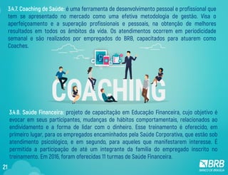 3.4.7. Coaching de Saúde: é uma ferramenta de desenvolvimento pessoal e profissional que
tem se apresentado no mercado como uma efetiva metodologia de gestão. Visa o
aperfeiçoamento e a superação profissionais e pessoais, na obtenção de melhores
resultados em todos os âmbitos da vida. Os atendimentos ocorrem em periodicidade
semanal e são realizados por empregados do BRB, capacitados para atuarem como
Coaches.
3.4.8. Saúde Financeira: projeto de capacitação em Educação Financeira, cujo objetivo é
evocar em seus participantes, mudanças de hábitos comportamentais, relacionados ao
endividamento e a forma de lidar com o dinheiro. Esse treinamento é oferecido, em
primeiro lugar, para os empregados encaminhados pela Saúde Corporativa, que estão sob
atendimento psicológico, e em segundo, para aqueles que manifestarem interesse. É
permitida a participação de até um integrante da família do empregado inscrito no
treinamento. Em 2016, foram oferecidas 11 turmas de Saúde Financeira.
21
 