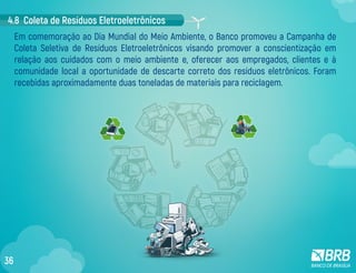 4.8 Coleta de Resíduos Eletroeletrônicos
Em comemoração ao Dia Mundial do Meio Ambiente, o Banco promoveu a Campanha de
Coleta Seletiva de Resíduos Eletroeletrônicos visando promover a conscientização em
relação aos cuidados com o meio ambiente e, oferecer aos empregados, clientes e à
comunidade local a oportunidade de descarte correto dos resíduos eletrônicos. Foram
recebidas aproximadamente duas toneladas de materiais para reciclagem.
36
 