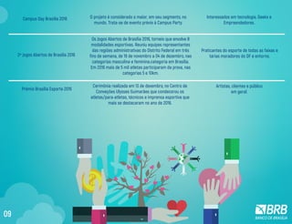 2º Jogos Abertos de Brasília 2016
Os Jogos Abertos de Brasília 2016, torneio que envolve 8
modalidades esportivas. Reuniu equipes representantes
das regiões administrativas do Distrito Federal em três
fins de semana, de 19 de novembro a 04 de dezembro, nas
categorias masculina e feminina.categoria em Brasília.
Em 2016 mais de 5 mil atletas participaram da prova, nas
categorias 5 e 10km.
Praticantes do esporte de todas as faixas e
tárias moradores do DF e entorno.
Prêmio Brasília Esporte 2016
Cerimônia realizada em 13 de dexembro, no Centro de
Conveções Ulysses Guimarães que condecorou os
atletas/para-atletas, técnicos e imprensa esportiva que
mais se destacaram no ano de 2016.
Artistas, clientes e público
em geral.
Campus Day Brasília 2016 O projeto é considerado o maior, em seu segmento, no
mundo. Trata-se de evento prévio à Campus Party.
Interessados em tecnologia, Geeks e
Empreendedores.
09
 