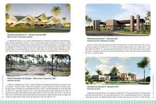 Residencial Damha IV – Campo Grande (MS)

20 I R elatór i o S oc i oam bi ental 2 01 2/ 201 3

O Residencial Damha IV é o quinto empreendimento da empresa na capital sul-mato-grossense.
Além dos três residenciais (Damha I, II e II), a urbanizadora ainda conta com outro produto, o Villas
Damha, condomínio de casas prontas. Está localizado na R. Recanto das Águas, no prolongamento da
Av. Marquês de Pombal. No total, são 340 lotes residenciais com dimensões entre 360 e 690 m2 aproximadamente, em uma área total de 132 mil m2. Além disso, há uma área central destinada ao lazer,
com mais de 30 mil m2, e um cinturão verde que circunda todo o empreendimento, com 13,6 mil m2.

Residencial Damha I – Brasília (DF)
Setembro de 2012 (Totalmente vendido)

Este é o primeiro empreendimento da Damha Urbanizadora na região de Brasília (DF), e localiza-se às margens da Rodovia DF-140. Possui 490 lotes residenciais de, em média, 360 m2. Sua
área total é de 398 mil m2, dos quais aproximadamente 190 mil m2 são reservados para os lotes.
Há, ainda, um espaço reservado exclusivamente às áreas verdes e de lazer de aproximadamente
80 mil m2, ou 20% do total.

Damha Residencial Sergipe – Barra dos Coqueiros (SE)
Dezembro de 2012

Projeto de características únicas, o Damha Residencial Sergipe está localizado na Rodovia José
de Campos – Praia da Costa – Barra dos Coqueiros, a poucos minutos do centro de Aracaju (SE).
No total, possui 375 lotes com dimensões entre 430 a 2.400 m2 aproximadamente, em uma área total
de 890 mil m2. Deste total, quase 410 mil m2 são reservados para os lotes residenciais. No mais, há
espaços reservados exclusivamente para áreas verdes e de lazer da ordem de 346 mil m2, ou 39% do
total. Entre os diferenciais trazidos pela Damha para este projeto, estão uma área verde com lagos nos
fundos de quase todos os lotes e área de frente para o mar com mais de 1 km.

Residencial Damha II – Brasília (DF)
Novembro de 2012

Localizado ao lado do Damha I, às margens da Rodovia DF-140, possui 525 lotes (517 residenciais)
com área mínima de 360 m2, em uma área total de 491 mil m2. Aproximadamente 207 mil m2 são reservados para os lotes. Em relação às áreas verdes e de lazer, são cerca de 100 mil m2, ou 20% do total.

21 I R elatór i o S oc i oam bi ental 2 01 2/ 201 3

Março de 2013 (Totalmente vendido)

 