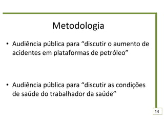 Metodologia Audiência pública para “discutir o aumento de acidentes em plataformas de petróleo” Audiência pública para “discutir as condições de saúde do trabalhador da saúde” 14 