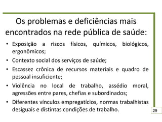 Os problemas e deficiências mais encontrados na rede pública de saúde: Exposição a riscos físicos, químicos, biológicos, ergonômicos; Contexto social dos serviços de saúde; Escassez crônica de recursos materiais e quadro de pessoal insuficiente; Violência no local de trabalho, assédio moral, agressões entre pares, chefias e subordinados; Diferentes vínculos empregatícios, normas trabalhistas desiguais e distintas condições de trabalho. 29 