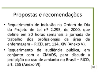 Propostas e recomendações Requerimento de Inclusão na Ordem do Dia do Projeto de Lei nº 2.295, de 2000, que define em 30 horas semanais a jornada de trabalho dos profissionais da área de enfermagem – RICD, art. 114, XIV (Anexo V).  Requerimento de audiência pública, em conjunto com a CMADS, para discutir a proibição do uso de amianto no Brasil – RICD, art. 255 (Anexo VI). 39 