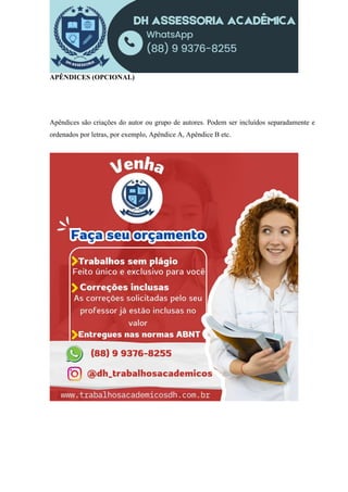 APÊNDICES (OPCIONAL)
Apêndices são criações do autor ou grupo de autores. Podem ser incluídos separadamente e
ordenados por letras, por exemplo, Apêndice A, Apêndice B etc.
 