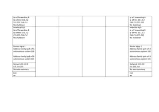Ip vrf forwarding A
Ip adress 10.1.2.2
255.255.255.252
No shutdown
Ip vrf forwarding A
Ip adress 10.1.1.2
255.255.255.252
No shutdown
Interface f1/0
Ip vrf forwarding B
Ip adress 10.1.2.2
255.255.255.252
No shutdown
Interface f0/0
Ip vrf forwarding B
Ip adress 10.1.1.2
255.255.255.252
No shutdown
Router eigrp 1
Address-family ipv4 vrf A
autonomous-system 100
Address-family ipv4 vrf B
autonomous-system 101
Router eigrp 1
Address-family ipv4 vrf A
autonomous-system 100
Address-family ipv4 vrf B
autonomous-system 101
Network 10.1.0.0
0.0.255.255
Network 10.1.0.0
0.0.255.255
No auto-summary No auto-summary
Exit
wr
Exit
wr
 