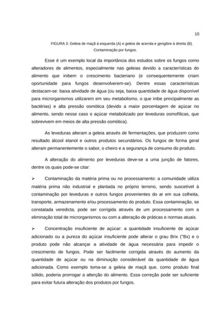 10
FIGURA 3: Geleia de maçã à esquerda (A) e geleia de acerola e gengibre à direita (B).
Contaminação por fungos.
Esse é um exemplo local da importância dos estudos sobre os fungos como
alteradores de alimentos, especialmente nas geleias devido a características do
alimento que inibem o crescimento bacteriano (e consequentemente criam
oportunidade para fungos desenvolverem-se). Dentre essas características
destacam-se: baixa atividade de água (ou seja, baixa quantidade de água disponível
para microrganismos utilizarem em seu metabolismo, o que inibe principalmente as
bactérias) e alta pressão osmótica (devido a maior porcentagem de açúcar no
alimento, sendo nesse caso o açúcar metabolizado por leveduras osmofílicas, que
sobrevivem em meios de alta pressão osmótica).
As leveduras alteram a geleia através de fermentações, que produzem como
resultado álcool etanol e outros produtos secundários. Os fungos de forma geral
alteram permanentemente o sabor, o cheiro e a segurança de consumo do produto.
A alteração do alimento por leveduras deve-se a uma junção de fatores,
dentre os quais pode-se citar:
➢ Contaminação da matéria prima ou no processamento: a comunidade utiliza
matéria prima não industrial e plantada no próprio terreno, sendo suscetível à
contaminação por leveduras e outros fungos provenientes do ar em sua colheita,
transporte, armazenamento e/ou processamento do produto. Essa contaminação, se
constatada veredicta, pode ser corrigida através de um processamento com a
eliminação total de microrganismos ou com a alteração de práticas e normas atuais.
➢ Concentração insuficiente de açúcar: a quantidade insuficiente de açúcar
adicionado ou a pureza do açúcar insuficiente pode alterar o grau Brix (°Bx) e o
produto pode não alcançar a atividade de água necessária para impedir o
crescimento de fungos. Pode ser facilmente corrigida através do aumento da
quantidade de açúcar ou na diminuição considerável da quantidade de água
adicionada. Como exemplo toma-se a geleia de maçã que, como produto final
sólido, poderia prorrogar a alterção do alimento. Essa correção pode ser suficiente
para evitar futura alteração dos produtos por fungos.
 