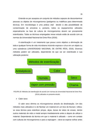 35
Entende-se por assepsia um conjunto de métodos capazes de descontaminar
pessoas ou objetos de microrganismos (patógenos ou maléficos para determinada
técnica). Em microbiologia é uma prática vital devido à alta possibilidade de
contaminação de amostras e, portanto, todos os equipamentos utilizados
especialmente na fase de cultura de microrganismos devem ser previamente
esterilizados. Todas as técnicas empregadas nesse estudo estão de acordo com as
normas da Universidad Nacional de Entre Ríos (2016).
A esterilização é um tratamento que possui como objetivo a eliminação de
toda e qualquer forma de vida microbiana incluindo esporas e vírus em um objeto ou
uma substância (UNIVERSIDAD NACIONAL DE ENTRE RÍOS, 2016). Diversos
métodos podem ser utilizados, dependendo do que vai ser esterilizado e sua
utilização posterior.
FIGURA 20: Métodos de esterilização de acordo com normas da Universidad Nacional de Entre Ríos
(2016) utilizados no presente estudo.
 Calor seco:
O calor seco elimina os microrganismos através da desidratação. Um dos
métodos mais utilizados é o de flambar um material em um bico de Bunsen. Utiliza-
se essa técnica para esterilizar pinças, alças, bocas de tubos de ensaio, dentre
outros materiais de vidro e metal sempre imediatamente antes e depois de utilizar o
material. Dependendo da técnica em que o material é utilizado – como em contato
com culturas de microrganismos e para a repicagem – deve-se esperar esfriar antes
Métodos de esterilização
CalorAntisépticos
Húmido Seco
Vapor com pressão Chama
 