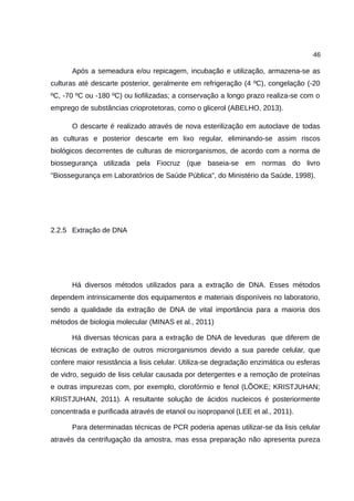 46
Após a semeadura e/ou repicagem, incubação e utilização, armazena-se as
culturas até descarte posterior, geralmente em refrigeração (4 ºC), congelação (-20
ºC, -70 ºC ou -180 ºC) ou liofilizadas; a conservação a longo prazo realiza-se com o
emprego de substâncias crioprotetoras, como o glicerol (ABELHO, 2013).
O descarte é realizado através de nova esterilização em autoclave de todas
as culturas e posterior descarte em lixo regular, eliminando-se assim riscos
biológicos decorrentes de culturas de microrganismos, de acordo com a norma de
biossegurança utilizada pela Fiocruz (que baseia-se em normas do livro
"Biossegurança em Laboratórios de Saúde Pública", do Ministério da Saúde, 1998).
2.2.5 Extração de DNA
Há diversos métodos utilizados para a extração de DNA. Esses métodos
dependem intrinsicamente dos equipamentos e materiais disponíveis no laboratorio,
sendo a qualidade da extração de DNA de vital importância para a maioria dos
métodos de biologia molecular (MINAS et al., 2011)
Há diversas técnicas para a extração de DNA de leveduras que diferem de
técnicas de extração de outros microrganismos devido a sua parede celular, que
confere maior resistância a lisis celular. Utiliza-se degradação enzimática ou esferas
de vidro, seguido de lisis celular causada por detergentes e a remoção de proteínas
e outras impurezas com, por exemplo, clorofórmio e fenol (LÕOKE; KRISTJUHAN;
KRISTJUHAN, 2011). A resultante solução de ácidos nucleicos é posteriormente
concentrada e purificada através de etanol ou isopropanol (LEE et al., 2011).
Para determinadas técnicas de PCR poderia apenas utilizar-se da lisis celular
através da centrifugação da amostra, mas essa preparação não apresenta pureza
 