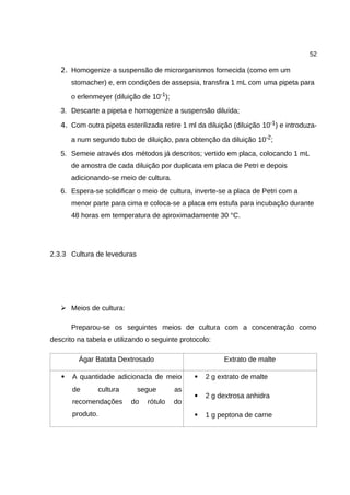 52
2. Homogenize a suspensão de microrganismos fornecida (como em um
stomacher) e, em condições de assepsia, transfira 1 mL com uma pipeta para
o erlenmeyer (diluição de 10-1);
3. Descarte a pipeta e homogenize a suspensão diluída;
4. Com outra pipeta esterilizada retire 1 ml da diluição (diluição 10-1) e introduza-
a num segundo tubo de diluição, para obtenção da diluição 10-2;
5. Semeie através dos métodos já descritos; vertido em placa, colocando 1 mL
de amostra de cada diluição por duplicata em placa de Petri e depois
adicionando-se meio de cultura.
6. Espera-se solidificar o meio de cultura, inverte-se a placa de Petri com a
menor parte para cima e coloca-se a placa em estufa para incubação durante
48 horas em temperatura de aproximadamente 30 °C.
2.3.3 Cultura de leveduras
➢ Meios de cultura:
Preparou-se os seguintes meios de cultura com a concentração como
descrito na tabela e utilizando o seguinte protocolo:
Ágar Batata Dextrosado Extrato de malte
 A quantidade adicionada de meio
de cultura segue as
recomendações do rótulo do
produto.
 2 g extrato de malte
 2 g dextrosa anhidra
 1 g peptona de carne
 