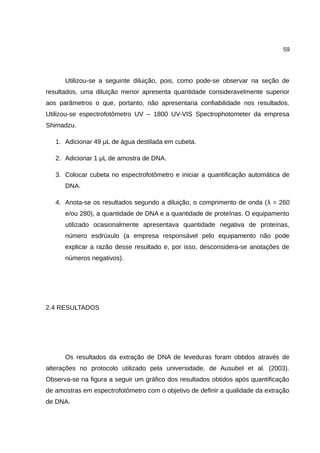 59
Utilizou-se a seguinte diluição, pois, como pode-se observar na seção de
resultados, uma diluição menor apresenta quantidade consideravelmente superior
aos parâmetros o que, portanto, não apresentaria confiabilidade nos resultados.
Utilizou-se espectrofotômetro UV – 1800 UV-VIS Spectrophotometer da empresa
Shimadzu.
1. Adicionar 49 μL de água destilada em cubeta.
2. Adicionar 1 μL de amostra de DNA.
3. Colocar cubeta no espectrofotômetro e iniciar a quantificação automática de
DNA.
4. Anota-se os resultados segundo a diluição, o comprimento de onda (λ = 260
e/ou 280), a quantidade de DNA e a quantidade de proteínas. O equipamento
utilizado ocasionalmente apresentava quantidade negativa de proteínas,
número esdrúxulo (a empresa responsável pelo equipamento não pode
explicar a razão desse resultado e, por isso, desconsidera-se anotações de
números negativos).
2.4 RESULTADOS
Os resultados da extração de DNA de leveduras foram obtidos através de
alterações no protocolo utilizado pela universidade, de Ausubel et al. (2003).
Observa-se na figura a seguir um gráfico dos resultados obtidos após quantificação
de amostras em espectrofotômetro com o objetivo de definir a qualidade da extração
de DNA.
 