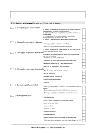 7.2 – Medidas educativas (Decreto-Lei nº 3/2008, de 7 de Janeiro)

    a) Apoio pedagógico personalizado
                                              a) Reforço das estratégias utilizadas no grupo ou turma aos níveis
                                              da organização, do espaço e das actividades
                                              b) Estímulo e reforço das competências e aptidões envolvidas na
                                              aprendizagem
                                              c) Antecipação e reforço da aprendizagem de conteúdos
                                              leccionados no seio do grupo ou de turma
                                              d) Reforço e desenvolvimento de competências específicas

    b) Adequações curriculares individuais
                                              - Introdução de áreas curriculares específicas

                                              - Introdução de objectivos e conteúdos intermédios

                                              - Dispensa das actividades que se revelem de difícil execução em
                                              função da incapacidade do aluno
    c) Adequações no processo de matrícula
                                              - Frequência de estabelecimento de ensino não correspondente à
                                              sua área de residência
                                              - Frequência de escola de referência

                                              - Frequência de escola com unidade de ensino estruturado

                                              - Adiamento da matrícula no 1º ano de escolaridade

                                              - Matrícula por disciplinas (2º e 3º ciclos e Sec.)

    d) Adequações no processo de avaliação
                                              - Tipo de prova ou instrumento de avaliação

                                              - Tipo de certificação

                                              - Forma ou meio de comunicação

                                              - Periodicidade/calendarização

                                              - Duração

    e) Currículo específico individual
                                              - Introdução de objectivos e conteúdos não existentes no currículo
                                              comum
                                              - Substituição de objectivos e conteúdos do currículo comum

                                              - Eliminação de objectivos e conteúdos do currículo comum

    f) Tecnologias de apoio
                                              - Livros em Braille

                                              - Livros e outros materiais com caracteres ampliados

                                              - Livros em formato digital

                                              - Livros em áudio

                                              - Materiais em relevo

                                              - Hardware específico

                                              - Software específico

                                              - Material específico para a intervenção em terapia da fala

                                              - Materiais multimédia de apoio ao ensino e aprendizagem da LGP



                                                -5-
                              relatriotecnicopedag-110213043748-phpapp01.doc
 