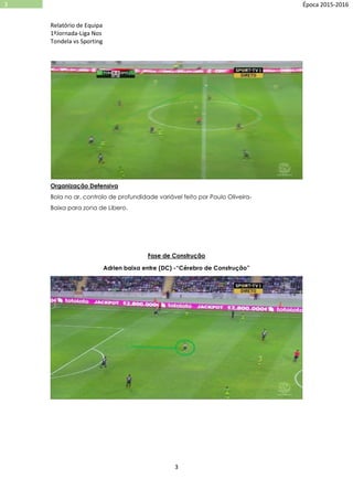Relatório de Equipa
1ºJornada-Liga Nos
Tondela vs Sporting
3
3 Época 2015-2016
Organização Defensiva
Bola no ar, controlo de profundidade variável feito por Paulo Oliveira-
Baixa para zona de Libero.
Fase de Construção
Adrien baixa entre (DC) -“Cérebro de Construção”
 