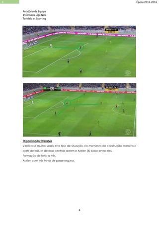 Relatório de Equipa
1ºJornada-Liga Nos
Tondela vs Sporting
4
4 Época 2015-2016
Organização Ofensiva
Verifica-se muitas vezes este tipo de situação, no momento de construção ofensiva a
partir de trás, os defesas centrais abrem e Adrien (6) baixa entre eles.
Formação de linha a três.
Adrien com três linhas de passe seguras.
 