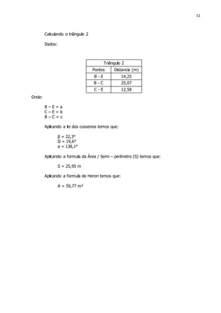 11
Calculando o triângulo 2
Dados:
Onde:
B – E = a
C – E = b
B – C = c
Aplicando a lei dos cossenos temos que:
β = 22,3°
Ω = 19,6°
α = 138,1°
Aplicando a formula da Área / Semi – perímetro (S) temos que:
S = 25,95 m
Aplicando a formula de Heron temos que:
A = 59,77 m²
Triângulo 2
Pontos Distancia (m)
B - E 14,25
B - C 25,07
C - E 12,58
 