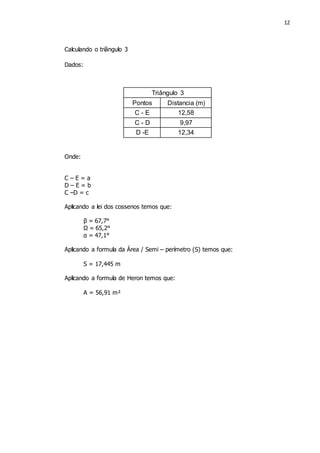 12
Calculando o triângulo 3
Dados:
Onde:
C – E = a
D – E = b
C –D = c
Aplicando a lei dos cossenos temos que:
β = 67,7°
Ω = 65,2°
α = 47,1°
Aplicando a formula da Área / Semi – perímetro (S) temos que:
S = 17,445 m
Aplicando a formula de Heron temos que:
A = 56,91 m²
Triângulo 3
Pontos Distancia (m)
C - E 12,58
C - D 9,97
D -E 12,34
 