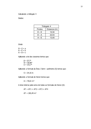 13
Calculando o triângulo 4
Dados:
Onde:
D – E = a
A – E = b
A – D = c
Aplicando a lei dos cossenos temos que:
β = 27,7°
Ω = 30,06°
α = 121,7°
Aplicando a formula da Área / Semi – perímetro (S) temos que:
S = 24,16 m
Aplicando a formula de Heron temos que:
A = 70,61 m²
A área total se pela soma de todas as formulas de Heron (A):
AT = AT1 + AT2 + AT3 + AT4
AT = 265,49 m²
Triângulo 4
Pontos Distancia (m)
D – E 12,34
D – A 22,53
A – E 13,45
 
