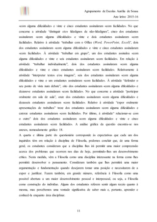 Agrupamento de Escolas Aurélia de Sousa
Ano letivo 2015-16
11
«com alguma dificuldade» e vinte e cinco estudantes assinalaram «com facilidade». No que
concerne a atividade “distinguir sites fidedignos de não-fidedignos”, cinco dos estudantes
assinalaram «com alguma dificuldade» e vinte e dois estudantes assinalaram «com
facilidade». Relativo à atividade “trabalhar com o Office (Word, PowerPoint, Excel)”, dois
dos estudantes assinalaram «com alguma dificuldade» e vinte e cinco estudantes assinalaram
«com facilidade». À atividade “trabalhar em grupo”, um dos estudantes assinalou «com
alguma dificuldade» e vinte e seis estudantes assinalaram «com facilidade». Em relação à
atividade “trabalhar individualmente”, dois dos estudantes assinalaram «com alguma
dificuldade» e vinte e cinco estudantes assinalaram «com facilidade». Relativamente à
atividade “interpretar textos e/ou imagens”, seis dos estudantes assinalaram «com alguma
dificuldade» e vinte e um estudantes assinalaram «com facilidade». À atividade “defender o
seu ponto de vista num debate”, oito dos estudantes assinalaram «com alguma dificuldade» e
dezanove estudantes assinalaram «com facilidade». No que concerne a atividade “participar
oralmente em sala de aula”, onze dos estudantes assinalaram «com alguma dificuldade» e
dezasseis estudantes assinalaram «com facilidade». Relativo à atividade “expor oralmente
apresentações de trabalhos” treze dos estudantes assinalaram «com alguma dificuldade» e
catorze estudantes assinalaram «com facilidade». Por último, à atividade“ relacionar-se com
o outro” dois dos estudantes assinalaram «com alguma dificuldade» e vinte e cinco
estudantes assinalaram «com facilidade». A análise gráfica da questão encontra-se nos
anexos, nomeadamente gráfico 18.
A quarta e última parte do questionário corresponde às expectativas que cada um dos
inquiridos têm em relação à disciplina de Filosofia, podemos concluir que, de uma forma
geral, os estudantes consideram que a disciplina lhes irá permitir uma maior compreensão
acerca dos problemas que ocorrem nos dias de hoje, permitindo-lhes um desenvolvimento
crítico. Nesta medida, vêm a Filosofia como uma disciplina interessante na forma como lhes
permitirá desenvolver o pensamento. Consideram também que lhes permitirá uma maior
argumentação e fundamentação quando desejarem tomar uma posição e necessitarem de a
expor e justificar. Fazem também, em grande número, referência à Filosofia como uma
possível abertura a um maior desenvolvimento pessoal e interpessoal, ou seja, a Filosofia
como construção do indivíduo. Alguns dos estudantes referem sentir algum receio quanto à
mesma, mas percebemos uma vontade significativa de saber mais e, portanto, aprender e
conhecê-la enquanto área disciplinar.
 
