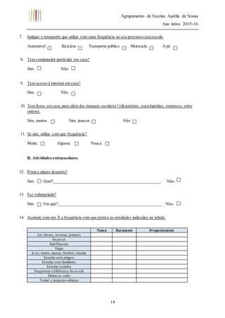 Agrupamento de Escolas Aurélia de Sousa
Ano letivo 2015-16
14
7. Indique o transporte que utiliza com mais frequência no seu percurso casa/escola:
Automóvel Bicicleta Transporte público Motociclo A pé
8. Tem computador particular em casa?
Sim. Não.
9. Tem acesso à Internet em casa?
Sim. Não.
10. Tem livros em casa,para além dos manuais escolares? (dicionários, enciclopédias, romances, entre
outros).
Sim, muitos. Sim, poucos. Não.
11. Se sim, utiliza com que frequência?
Muita. Alguma. Pouca.
B. Atividades extraescolares
12. Pratica algum desporto?
Sim. Qual?___________________________________________________. Não.
13. Faz voluntariado?
Sim. Em quê?_________________________________________________. Não.
14. Assinale com um X a frequência com que pratica as atividades indicadas na tabela:
Nunca Raramente Frequentemente
Ler (livros, revistas, jornais)
Escrever
Sair/Passear
Viajar
Ir ao: teatro, museu, futebol, cinema
Estudar com amigos
Estudar com familiares
Estudar sozinho
Frequentar a biblioteca da escola
Deitar-se cedo
Tomar o pequeno-almoço
 