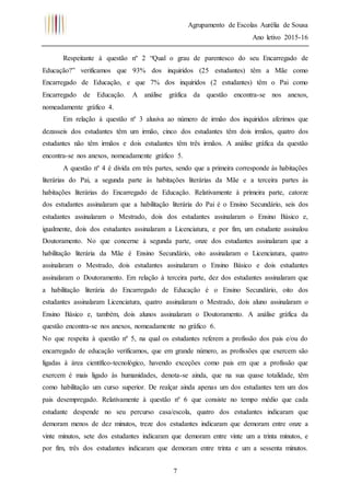 Agrupamento de Escolas Aurélia de Sousa
Ano letivo 2015-16
7
Respeitante à questão nº 2 “Qual o grau de parentesco do seu Encarregado de
Educação?” verificamos que 93% dos inquiridos (25 estudantes) têm a Mãe como
Encarregado de Educação, e que 7% dos inquiridos (2 estudantes) têm o Pai como
Encarregado de Educação. A análise gráfica da questão encontra-se nos anexos,
nomeadamente gráfico 4.
Em relação à questão nº 3 alusiva ao número de irmão dos inquiridos aferimos que
dezasseis dos estudantes têm um irmão, cinco dos estudantes têm dois irmãos, quatro dos
estudantes não têm irmãos e dois estudantes têm três irmãos. A análise gráfica da questão
encontra-se nos anexos, nomeadamente gráfico 5.
A questão nº 4 é divida em três partes, sendo que a primeira corresponde às habitações
literárias do Pai, a segunda parte às habitações literárias da Mãe e a terceira partes às
habitações literárias do Encarregado de Educação. Relativamente à primeira parte, catorze
dos estudantes assinalaram que a habilitação literária do Pai é o Ensino Secundário, seis dos
estudantes assinalaram o Mestrado, dois dos estudantes assinalaram o Ensino Básico e,
igualmente, dois dos estudantes assinalaram a Licenciatura, e por fim, um estudante assinalou
Doutoramento. No que concerne à segunda parte, onze dos estudantes assinalaram que a
habilitação literária da Mãe é Ensino Secundário, oito assinalaram o Licenciatura, quatro
assinalaram o Mestrado, dois estudantes assinalaram o Ensino Básico e dois estudantes
assinalaram o Doutoramento. Em relação à terceira parte, dez dos estudantes assinalaram que
a habilitação literária do Encarregado de Educação é o Ensino Secundário, oito dos
estudantes assinalaram Licenciatura, quatro assinalaram o Mestrado, dois aluno assinalaram o
Ensino Básico e, também, dois alunos assinalaram o Doutoramento. A análise gráfica da
questão encontra-se nos anexos, nomeadamente no gráfico 6.
No que respeita à questão nº 5, na qual os estudantes referem a profissão dos pais e/ou do
encarregado de educação verificamos, que em grande número, as profissões que exercem são
ligadas à área científico-tecnológico, havendo exceções como pais em que a profissão que
exercem é mais ligado às humanidades, denota-se ainda, que na sua quase totalidade, têm
como habilitação um curso superior. De realçar ainda apenas um dos estudantes tem um dos
pais desempregado. Relativamente à questão nº 6 que consiste no tempo médio que cada
estudante despende no seu percurso casa/escola, quatro dos estudantes indicaram que
demoram menos de dez minutos, treze dos estudantes indicaram que demoram entre onze a
vinte minutos, sete dos estudantes indicaram que demoram entre vinte um a trinta minutos, e
por fim, três dos estudantes indicaram que demoram entre trinta e um a sessenta minutos.
 