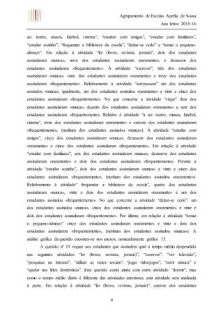Agrupamento de Escolas Aurélia de Sousa
Ano letivo 2015-16
9
ao: teatro, museu, futebol, cinema”, “estudar com amigos”, “estudar com familiares”,
“estudar sozinho”, “frequentar a biblioteca da escola”, “deitar-se cedo” e “tomar o pequeno-
almoço”. Em relação à atividade “ler (livros, revistas, jornais)”, dois dos estudantes
assinalaram «nunca», nove dos estudantes assinalaram «raramente», e dezasseis dos
estudantes assinalaram «frequentemente». À atividade “escrever”, três dos estudantes
assinalaram «nunca», onze dos estudantes assinalaram «raramente» e treze dos estudantes
assinalaram «frequentemente». Relativamente à atividade “sair/passear” um dos estudantes
assinalou «nunca», igualmente, um dos estudantes assinalou «raramente» e vinte e cinco dos
estudantes assinalaram «frequentemente». No que concerne a atividade “viajar” dois dos
estudantes assinalaram «nunca», dezoito dos estudantes assinalaram «raramente» e sete dos
estudantes assinalaram «frequentemente». Relativo à atividade “ir ao: teatro, museu, futebol,
cinema”, treze dos estudantes assinalaram «raramente» e catorze dos estudantes assinalaram
«frequentemente», (nenhum dos estudantes assinalou «nunca»). À atividade “estudar com
amigos”, cinco dos estudantes assinalaram «nunca», dezassete dos estudantes assinalaram
«raramente» e cinco dos estudantes assinalaram «frequentemente». Em relação à atividade
“estudar com familiares”, seis dos estudantes assinalaram «nunca», dezanove dos estudantes
assinalaram «raramente» e dois dos estudantes assinalaram «frequentemente». Perante a
atividade “estudar sozinho”, dois dos estudantes assinalaram «nunca» e vinte e cinco dos
estudantes assinalaram «frequentemente», (nenhum dos estudantes assinalou «raramente»).
Relativamente à atividade“ frequentar a biblioteca da escola”, quatro dos estudantes
assinalaram «nunca», vinte e dois dos estudantes assinalaram «raramente» e um dos
estudantes assinalou «frequentemente». No que concerne a atividade “deitar-se cedo”, um
dos estudantes assinalou «nunca», cinco dos estudantes assinalaram «raramente» e vinte e
dois dos estudantes assinalaram «frequentemente». Por último, em relação à atividade “tomar
o pequeno-almoço” cinco dos estudantes assinalaram «raramente» e vinte e dois dos
estudantes assinalaram «frequentemente», (nenhum dos estudantes assinalou «nunca»). A
análise gráfica da questão encontra-se nos anexos, nomeadamente gráfico 15.
A questão nº 15 requer aos estudantes que assinalem qual o tempo médio despendido
nas seguintes atividades: “ler (livros, revistas, jornais)”, “escrever”, “ver televisão”,
“pesquisar na Internet”, “utilizar as redes sociais”, “jogar videojogos”, “ouvir música” e
“ajudar nas lides domésticas”. Esta questão conta ainda com outra atividade: “dormir”, mas
como o tempo médio diário é diferente das atividades anteriores, esta atividade será analisada
à parte. Em relação à atividade “ler (livros, revistas, jornais)”, catorze dos estudantes
 