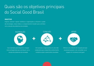 10
OBJETIVO
Inspirar, conectar e apoiar indivíduos e organizações a utilizarem o poder
das tecnologias, novas mídias e o comportamento inovador para contribuir
com a solução de problemas da sociedade.
Quais são os objetivos principais
do Social Good Brasil
+
APOIOINSPIRAÇÃO CONEXÃO
+
Usar exemplos para despertar e engajar
novos protagonistas que contribuam com a
solução de problemas da sociedade
Unir pessoas e organizações em uma rede
colaborativa que compartilha conhecimento,
multiplica ações e potencializa resultados
Oferecer um ambiente de inovação para que
as pessoas possam criar, consolidar ou se
engajar em iniciativas social good
 