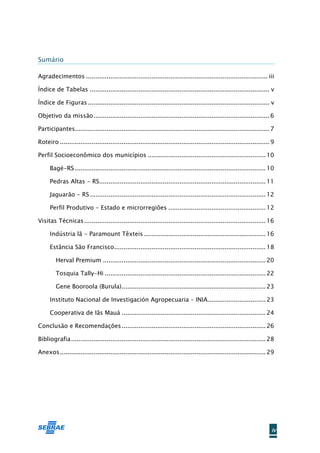 Sumário

Agradecimentos ................................................................................................. iii

Índice de Tabelas ................................................................................................ v

Índice de Figuras ................................................................................................. v

Objetivo da missão .............................................................................................. 6

Participantes........................................................................................................ 7

Roteiro ................................................................................................................ 9

Perfil Socioeconômico dos municípios ............................................................... 10

      Bagé-RS ...................................................................................................... 10

      Pedras Altas - RS......................................................................................... 11

      Jaguarão - RS .............................................................................................. 12

      Perfil Produtivo - Estado e microrregiões .................................................... 12

Visitas Técnicas ................................................................................................. 16

      Indústria lã - Paramount Têxteis ................................................................. 16

      Estância São Francisco................................................................................. 18

         Herval Premium ....................................................................................... 20

         Tosquia Tally-Hi ...................................................................................... 22

         Gene Booroola (Burula)............................................................................. 23

      Instituto Nacional de Investigación Agropecuaria – INIA............................... 23

      Cooperativa de lãs Mauá ............................................................................. 24

Conclusão e Recomendações ............................................................................. 26

Bibliografia ........................................................................................................ 28

Anexos .............................................................................................................. 29




                                                                                                                        iv
 