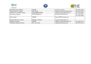 Rivaneide Lígia A Matias      CECOR               riva@cecor.org.br                  (87) 3831-2385
Felipe Carlos P. Almeida      SOS. Sertão         felipe.eng.florestal@hotmail.com   (84) 8812-6953
Ronaldo Cézar Bonfim Santos   UDCF/DRFB/CPRH      ronaldo.cezar@cprh.pe.gov.br       (81) 3182-8927
José da Luz Alencar           IBAMA/Salgueiro     jucaibama@hotmail.com              (87) 3182-8927
                                                                                     (87) 9934-4889
Bruno Nunes                   ITERPE              brunon2009@hotmail.com

Rosimeri Beatriz S. Gomes     STR Serra Talhada   rosimeristr@hotmail.com
Edilberto Carvalho            ITERPE              edilberto_bebeto@hotmail.com       (87) 9618-2147
Valderedes Martins da Silva   IPA- Arcoverde      valderedes@hotmail.com             (81) 9972-0125
 