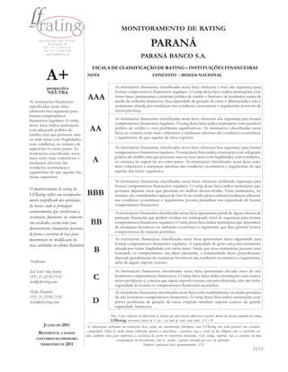 MONITORAMENTO DE RATING
     Rua Araújo Porto Alegre, 36/8 parte
             Rio de Janeiro - RJ
         Tel.: (55) 21-2210-2152
         Fax: (55) 21-2240-2828
                                                                                            PARANÁ
          e-mail: info@lfrating.com
                                                                                    PARANÁ BANCO S.A.
                                               ESCALA DE CLASSIFICAÇÃO DE RATING – INSTITUIÇÕES FINANCEIRAS

            A+                              NOTA                                              CONCEITO - MOEDA NACIONAL

                                                                 As instituições financeiras classificadas nesta faixa oferecem a mais alta segurança para
            perspectiva
            NEUTRA                                               honrar compromissos financeiros regulares. O rating desta faixa indica instituições com

As instituições financeiras
                                            AAA                  fortes bases patrimoniais, excelente política de crédito e histórico de resultados acima da
                                                                 média da indústria financeira. Sua capacidade de geração de caixa é diferenciada e não é
classificadas nesta faixa                                        seriamente afetada por mudanças nas condições econômicas e regulatórias possíveis de
oferecem boa segurança para                                      serem previstas.
honrar compromissos
financeiros regulares. O rating                                  As instituições financeiras classificadas nesta faixa oferecem alta segurança para honrar
desta faixa indica instituições                                  compromissos financeiros regulares. O rating desta faixa indica instituições com saudável
com adequada política de                      AA                 política de crédito e sem problemas significativos. As instituições classificadas nesta
                                                                 faixa, no entanto, estão mais vulneráveis a mudanças adversas das condições econômicas
crédito, mas que possuem uma
ou mais áreas com fragilidades,                                  e regulatórias do que aquelas da faixa superior.
com condições, no entanto, de
superá-las no curto prazo. As                                    As instituições financeiras classificadas nesta faixa oferecem boa segurança para honrar
instituições classificadas nesta                                 compromissos financeiros regulares. O rating desta faixa indica instituições com adequada
                                                                 política de crédito, mas que possuem uma ou mais áreas com fragilidades, com condições,
faixa estão mais vulneráveis a
mudanças adversas das                           A                no entanto, de superá-las no curto prazo. As instituições classificadas nesta faixa estão
condições econômicas e                                           mais vulneráveis a mudanças adversas das condições econômicas e regulatórias do que
regulatórias do que aquelas das                                  aquelas das faixas superiores.
faixas superiores.
                                                                 As instituições financeiras classificadas nesta faixa oferecem moderada segurança para
                                                                 honrar compromissos financeiros regulares. O rating desta faixa indica instituições que
O monitoramento de rating da                                     possuem algumas áreas que precisam ser melhor desenvolvidas. Estas instituições, no
LFRating reflete um acompanha-              BBB                  entanto, são consideradas capazes de fazê-lo no médio prazo, embora mudanças adversas
mento simplificado das atividades                                nas condições econômicas e regulatórias possam prejudicar sua capacidade de honrar
do banco, onde os principais                                     compromissos financeiros.
acontecimentos que envolveram a                                  As instituições financeiras classificadas nesta faixa apresentam perda de alguns fatores de
instituição financeira no trimestre                              proteção financeira que podem resultar em inadequado nível de segurança para honrar
são avaliados, assim como suas                BB                 compromissos financeiros regulares. O rating desta faixa indica instituições que dependem
                                                                 de mudanças favoráveis no ambiente econômico e regulatório que lhes permita honrar
demonstrações financeiras parciais,
                                                                 compromissos de maneira periódica.
de forma a servirem de base para
manutenção ou modificação da                                     As instituições financeiras classificadas nesta faixa apresentam baixa capacidade para
nota atribuída no último Relatório.                              honrar compromissos financeiros regulares. A capacidade de gerar caixa está seriamente
                                                 B               afetada por várias fragilidades em várias áreas. Ainda que estas instituições possam estar
                                                                 honrando os compromissos nas datas pactuadas, a continuidade deste procedimento
                                                                 depende grandemente de mudanças favoráveis nas condições econômicas e regulatórias,
Analistas                                                        além de algum suporte externo.

Joel Sant’Ana Junior                                             As instituições financeiras classificadas nesta faixa apresentam elevado risco de não
(55) 21-2210-2152
joel@lfrating.com
                                                 C               honrarem compromissos financeiros. O rating desta faixa indica instituições com muitos
                                                                 sérios problemas e, a menos que algum suporte externo seja providenciado, elas não terão
                                                                 capacidade de honrar os compromissos financeiros assumidos.
Helio Darwich                                                    As instituições financeiras classificadas nesta faixa estão inadimplentes ou muito próximas
(55) 21-2210-2152                                                de não honrarem compromissos financeiros. O rating desta faixa indica instituições com
helio@lfrating.com                              D                graves problemas de geração de caixa, exigindo imediato suporte externo de grande
                                                                 capacidade financeira.

                                                             Obs.: Com o objetivo de diferenciar os bancos que apr esentam diferenças sensíveis dentr o do mesmo segmento de rating ,
                                                             LFRating acrescenta sinais de + ou – ao lado de cada nota entre AA e B.
         JULHO DE 2011                      As informações utilizadas na realização deste rating são consideradas fidedignas, mas LFRating não pode garantir sua exatidão
                                           e integridade. Todos os dados foram verificados quanto à consistência e coerência, mas a visita de due diligence não se constituiu em
     REFERENTE A DADOS
                                           uma auditoria local para confir mar a existência de ativos ou numerário declarados. Este rating , também, não se constitui em uma
    CONTÁBEIS DO PRIMEIRO                                         recomendação de investimento, com as perdas e ganhos correndo por risco do aplicador.
      TRIMESTRE DE 2011                                                                Número seqüencial deste monitoramento: 2/8
                                                                                                                                                                             12/12
 