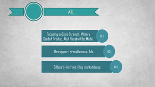 ATL
01
02
03
Focusing on Core Strength. Military
Graded Product. Abul Hayat will be Model.
Newspaper- Press Release, Ads.
Billboard- In front of big marketplaces
 