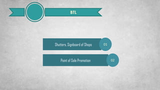 BTL
01
02
Shutters, Signboard of Shops
Point of Sale Promotion
 