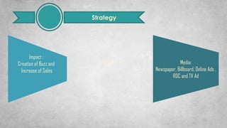 Strategy
Media:
Newspaper, Billboard, Online Ads ,
RDC and TV Ad
Impact :
Creation of Buzz and
Increase of Sales
Reach :
 