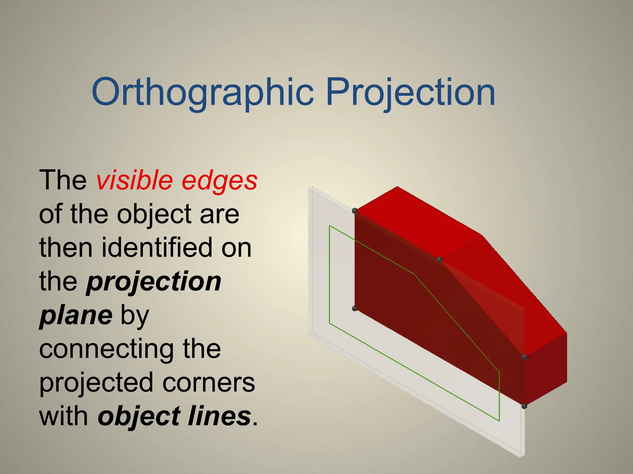 The visible edges
of the object are
then identified on
the projection
plane by
connecting the
projected corners
with object lines.
Orthographic Projection
 