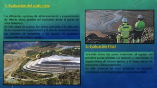 5.-Evaluación del costo neto
Las diferentes opciones de almacenamiento y espesamiento
de relaves ahora pueden ser evaluadas desde el punto de
vista financiero.
En esta etapa se evalúan los costos asociados a la ubicación
de los equipos de espesamiento y el sitio de almacenamiento,
las opciones de transporte y los precios de productos
consumibles (reactivos y agua).
6.-Evaluación Final
Juntando todos los pasos anteriores, el equipo del
proyecto puede priorizar las opciones y recomendar el
espesamiento de relaves óptimo, y la mejor opción de
transporte y almacenamiento.
En esta instancia se debe presentar un proyecto
conceptual a la compañía minera y a la comunidad.
 
