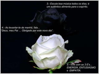 3.- Escuta boa música todos os días, é um autêntico alimento para o espírito.   4.- Ao levantar-te de manhä, fala... “Deus, meu Pai … Obrigado por este novo dia”. 5.- Vive com as 3 E's... ENERGÍA, ENTUSIASMO e  EMPATÍA. 
