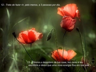 12.- Trata de fazer rír, pelo menos, a 3 pessoas por dia. 13.- Elimina a desordem de tua casa, teu carro e teu escritório e deixa que uma nova energía flua em tua vida. 