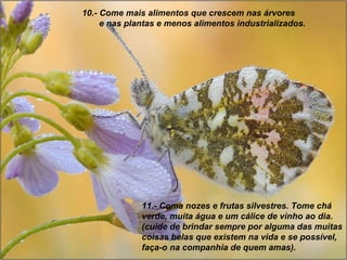 10.- Come mais alimentos que crescem nas árvores  e nas plantas e menos alimentos industrializados. 11.- Coma nozes e frutas silvestres. Tome chá verde, muita água e um cálice de vinho ao dia.(cuide de brindar sempre por alguma das muitas coisas belas que existem na vida e se possível, faça-o na companhia de quem amas). 
