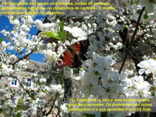 14.- Não gaste seu tempo com fofocas, coisas do passado, pensamentos negativos ou coisas fora de controle.  É melhor investir sua energia no presente. 15.- Tome nota: a vida é uma escola e estás  aqui para aprender. Os problemas são lições passageiras e o que aprendes é que irá ficar.  