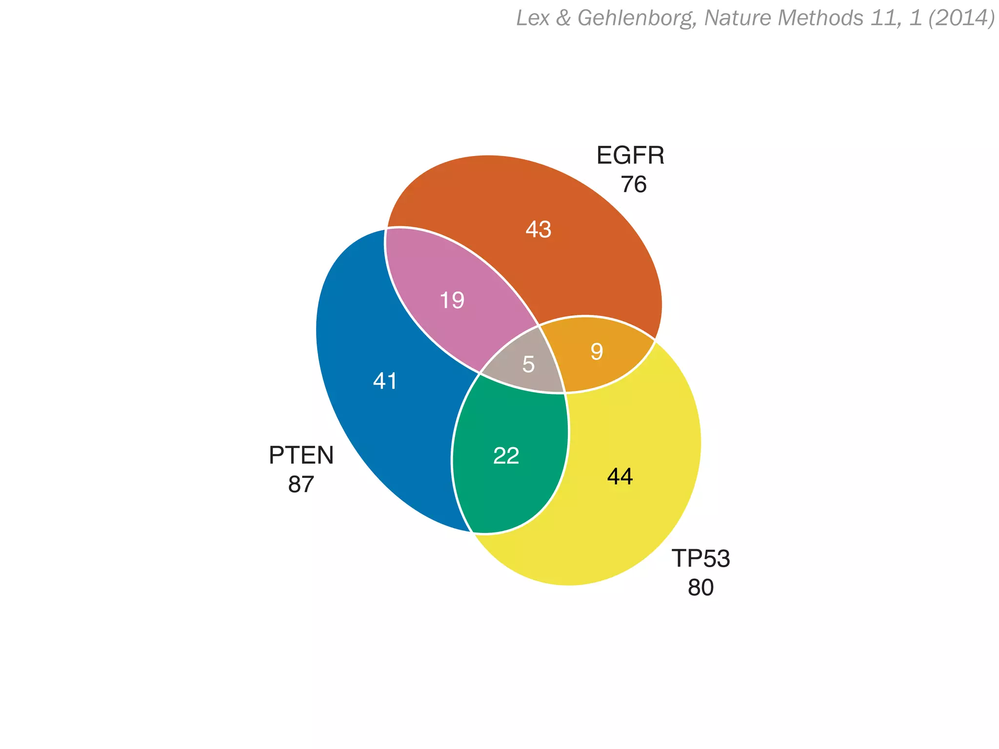 EGFR
76
PTEN
87
TP53
80
44
22
5
19
43
9
41
Lex & Gehlenborg, Nature Methods 11, 1 (2014)
 