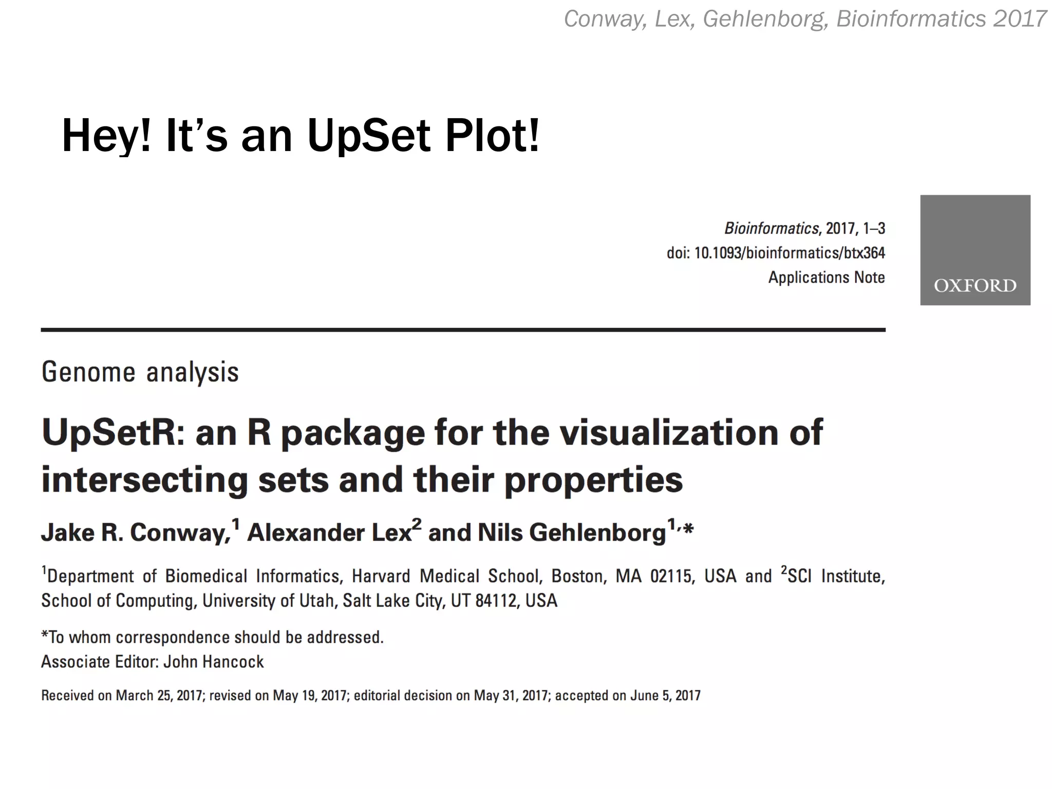 Conway, Lex, Gehlenborg, Bioinformatics 2017
Hey! It’s an UpSet Plot!
 