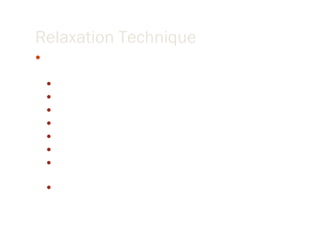 Relaxation Technique #2 Technique for relaxation  and positive self talk just before taking a test Position yourself comfortably in a chair Close your eyes and breathe deep from your stomach Focus on breathing, exhaling slowly As you exhale let go of all the tension and negative thought Notice how relaxed you are Imagine yourself in the classroom taking the test See yourself being comfortable in class, breathing comfortably and think positive thoughts Tell yourself that you have done everything possibly can and are prepared for the exam 