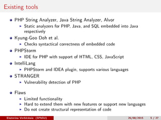 Existing tools
PHP String Analyzer, Java String Analyzer, Alvor
Static analyzers for PHP, Java, and SQL embedded into Java...