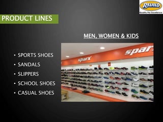 PRODUCT LINES
• SPORTS SHOES
• SANDALS
• SLIPPERS
• SCHOOL SHOES
• CASUAL SHOES
MEN, WOMEN & KIDS
 