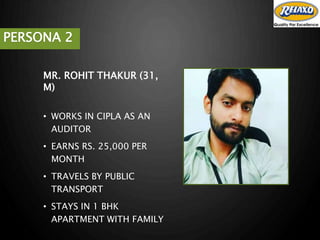 PERSONA 2
MR. ROHIT THAKUR (31,
M)
• WORKS IN CIPLA AS AN
AUDITOR
• EARNS RS. 25,000 PER
MONTH
• TRAVELS BY PUBLIC
TRANSPORT
• STAYS IN 1 BHK
APARTMENT WITH FAMILY
 