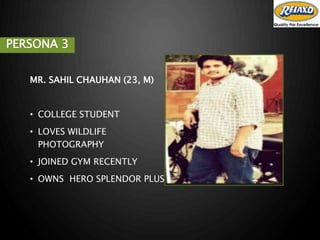 PERSONA 3
MR. SAHIL CHAUHAN (23, M)
• COLLEGE STUDENT
• LOVES WILDLIFE
PHOTOGRAPHY
• JOINED GYM RECENTLY
• OWNS HERO SPLENDOR PLUS
 