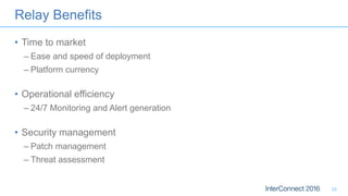 Relay Benefits
• Time to market
– Ease and speed of deployment
– Platform currency
• Operational efficiency
– 24/7 Monitoring and Alert generation
• Security management
– Patch management
– Threat assessment
22
 